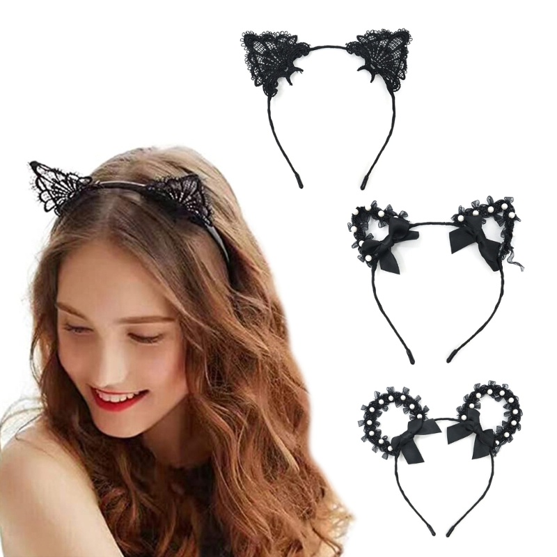 Băng Đô Tai Mèo Phối Ren Đính Ngọc Trai Dễ Thương Phong Cách Lolita