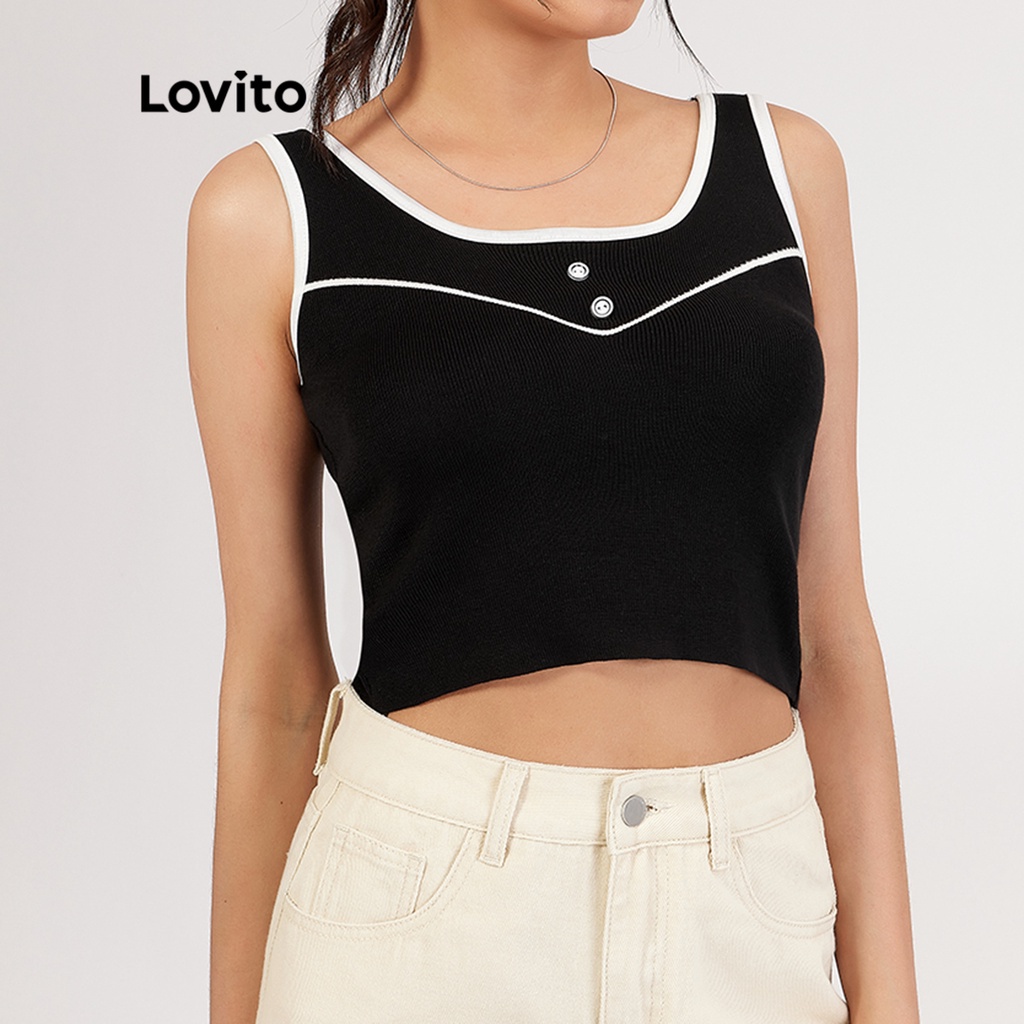 Áo dây Lovito có nút cài hở vai phối viền tương phản phong cách đơn giản thường ngày L18X267 (Đen)