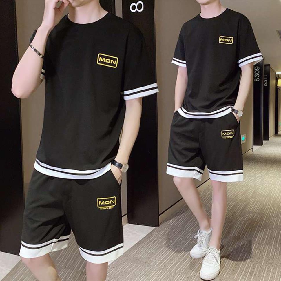 Bộ Đồ Thun Nam Phối Viền Áo Ngắn Tay Cổ Tròn Kết Hợp Quần Short Đùi Thể Thao SET NAM 90000161C !