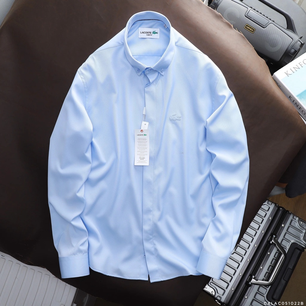 Áo sơ mi tay dài Không Túi GIẤU NÚT LACOSTE LOGO THÊU VẢI COTTON LỤA HIẾM 6 MÀU siêu sang hàng xuất xịn