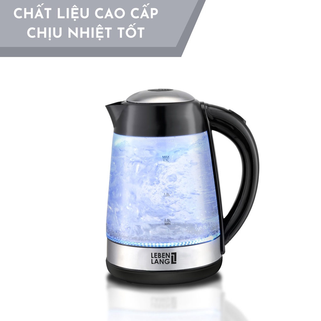 Ấm siêu tốc bình siêu tốc thủy tinh LEBENLANG LBWE9991 1.7 lít, công suất 2200W, bảo hành 2 năm - hàng chính hãng