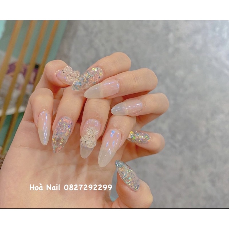 nailbox đính charm gấu nhũ siêu sáng nền tráng gương