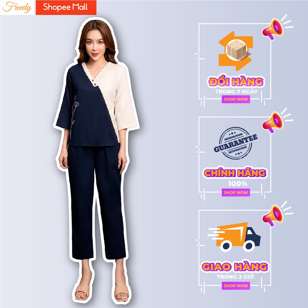 Bộ dài tay Freedy nữ thêu phối xanh be linen - WBD2205