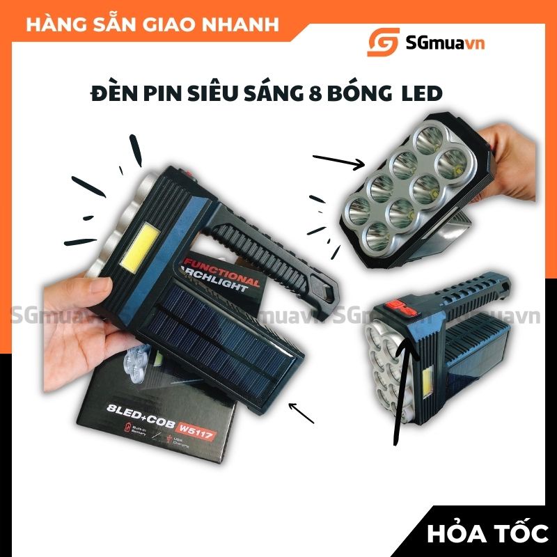 Đèn pin siêu sáng 8 bóng led 4 chế độ sáng sạc đa năng thích hợp dã ngoại cắm trại