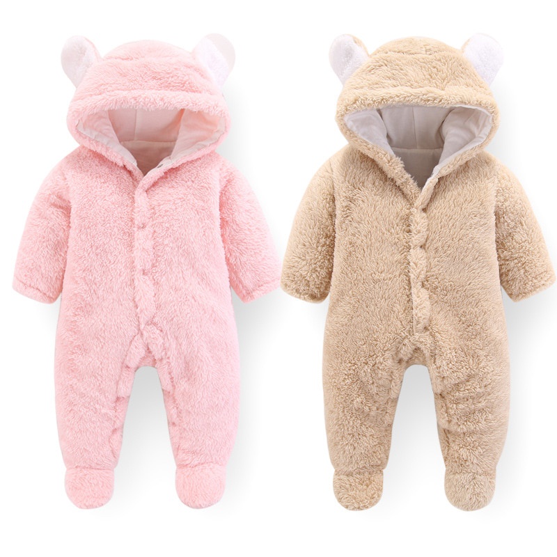Bộ Áo Liền Quần Có Nón Bằng Vải Bông Có Khóa Kéo In Hình Gấu Dễ Thương Dành Cho Bé Gái