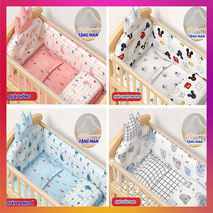 Cũi gỗ cho bé, Nôi cũi cho bé đa năng Kawaii Home ghép với giường bố mẹ (Tặng kèm: Màn chống muỗi), KT 105x60x90 Cm