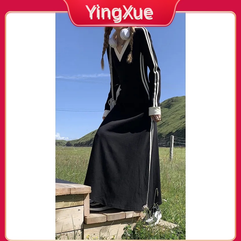Đầm Thể Thao Dáng Dài Cổ Chữ V Màu Đen Phong Cách Retro Hàn Quốc Thời Trang Mới 2022 Dành Cho