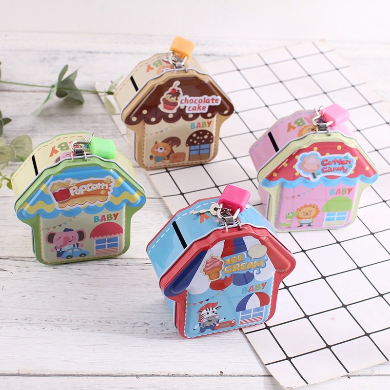 Két Sắt Ống Heo Tiết Kiệm Hình Nhà Nấm Có Khóa Mini Cho Bé