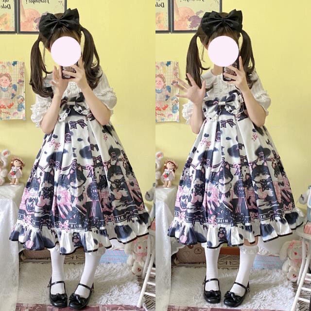 Đầm Lolita Hai Dây Họa Tiết Mèo Xinh Xắn Dành Cho Nữ