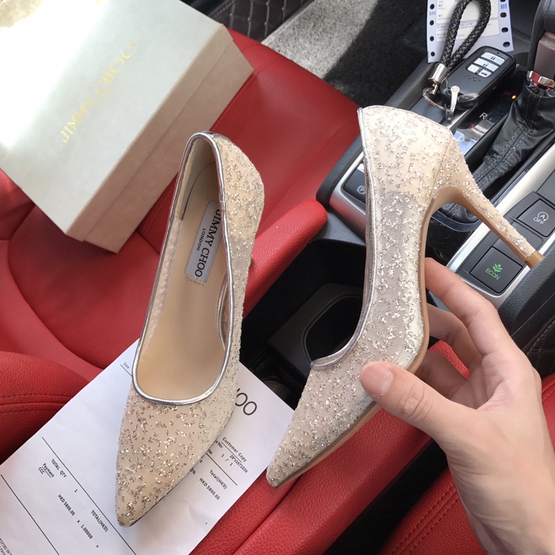 JIMMY CHOO Giày Cao Gót 9.5cm Phối Lưới Da Cừu Đính Đá Thời Trang Quyến Rũ Cho Nữ