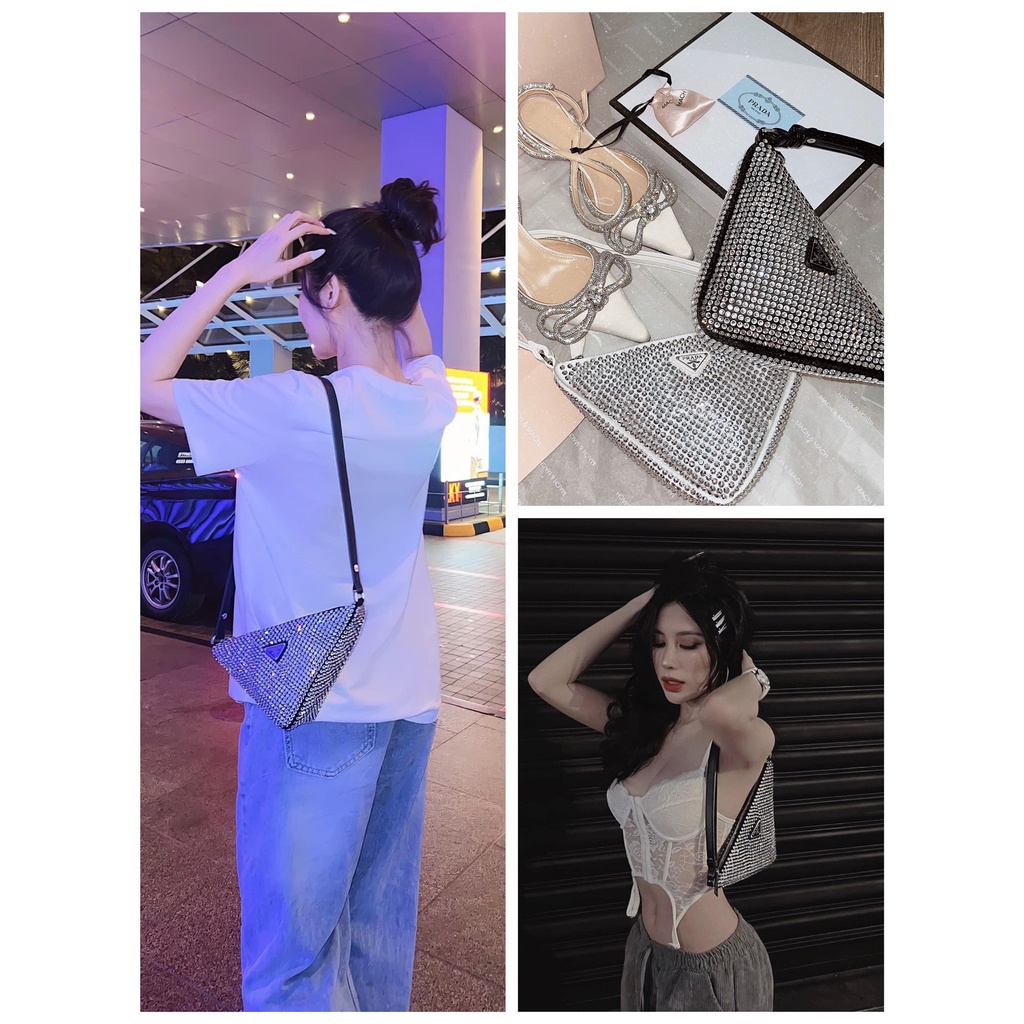 Túi chéo W188-23 Prada bling Crystal-studded satin pouch Màu sắc : 2 màu đen trắng
