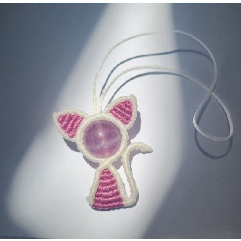 Móc khóa mèo thắt macrame, dây chuyền mèo phối 1 hạt c.r.y.s.t.a.l