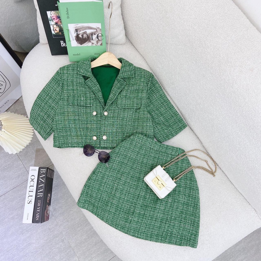 SET ÁO CROPTOP DẠ XANH LÁ CỔ VEST + CHÂN VÁY