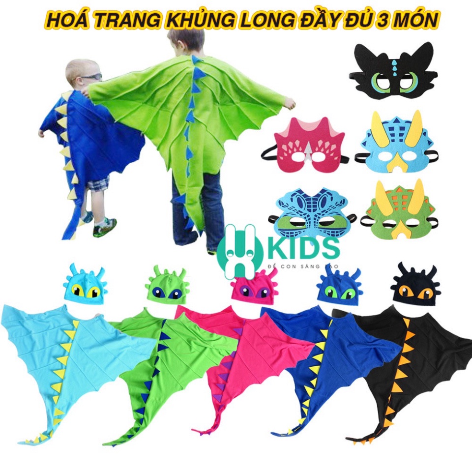 Bộ đồ chơi trang phục hoá trang rồng, khủng long nhiều màu sắc cosplay Halloween gồm áo choàng, mũ, mặt nạ cho bé