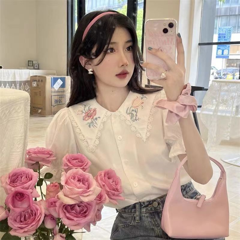 Áo Sơ Mi Tay Ngắn Cổ Búp Bê Họa Tiết Thêu Phong Cách Pháp Thời Trang Mùa Hè Hàng Mới Dành Cho Bạn Nữ