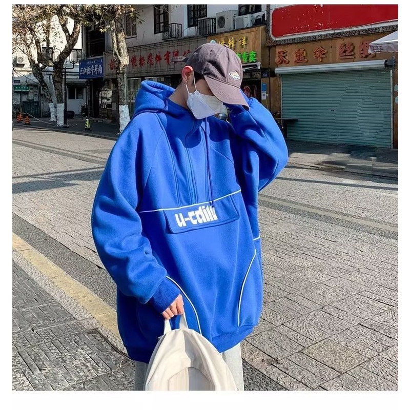 Áo hoodie nỉ dáng rộng phối khóa kéo