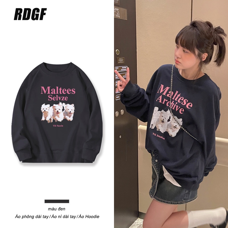 Áo hoodie/ Áo sweater/ Áo thun RDGF màu đen dài tay dáng rộng in hình chú chó hoạt hình phong cách Hàn Quốc cho nữ