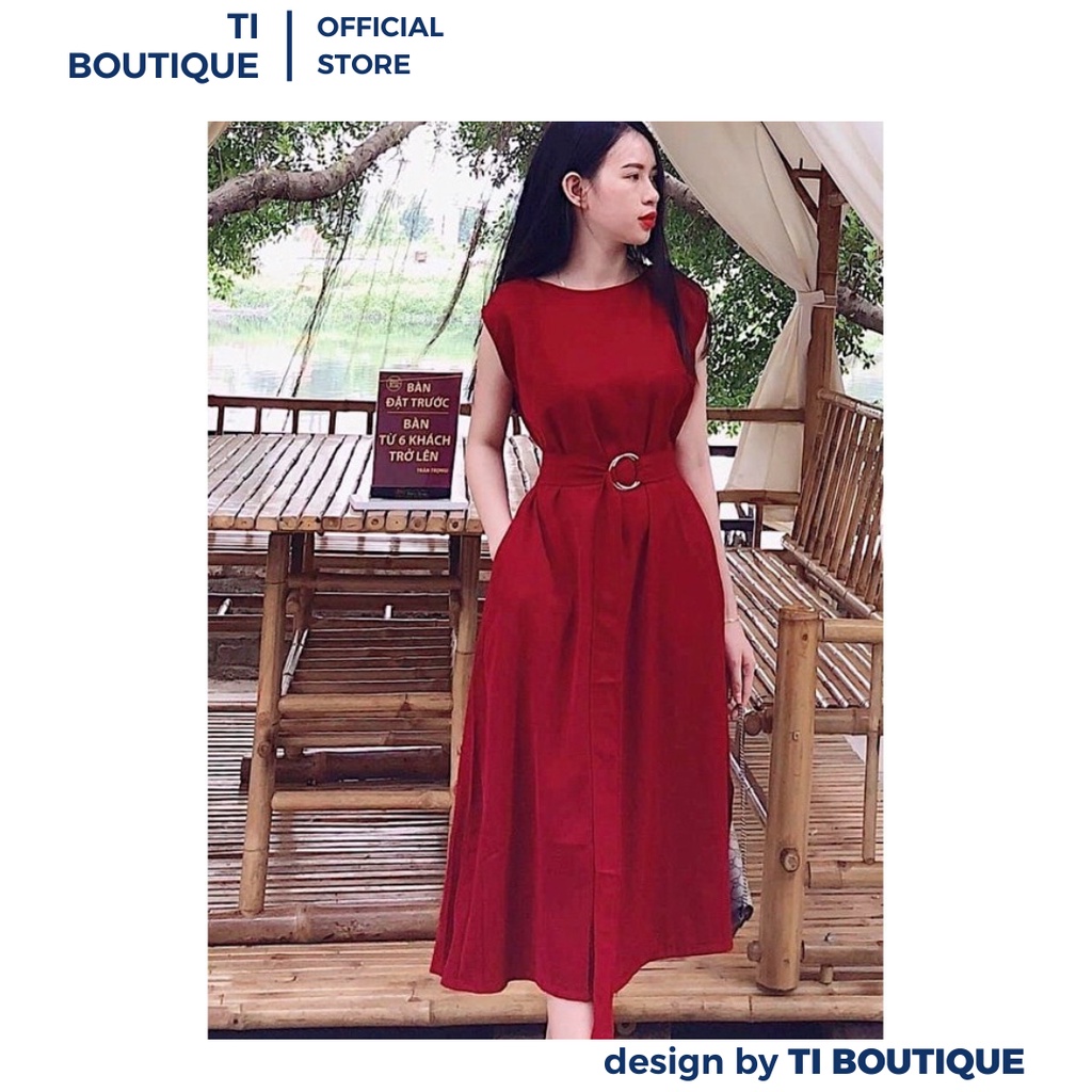 Đầm Nữ Thanh Lịch Cổ Thuyền Không Tay Đứng Dáng, Đầm Dáng Dài Xòe Dây Thắt Eo Sang Trọng Màu Đỏ Quý Phái
