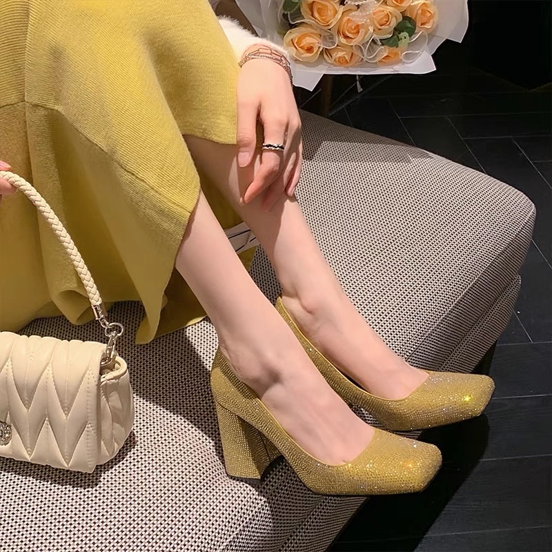 ORDER 🌹 Giày gót trụ mũi vuông đính đá - gắn kim loại bạc