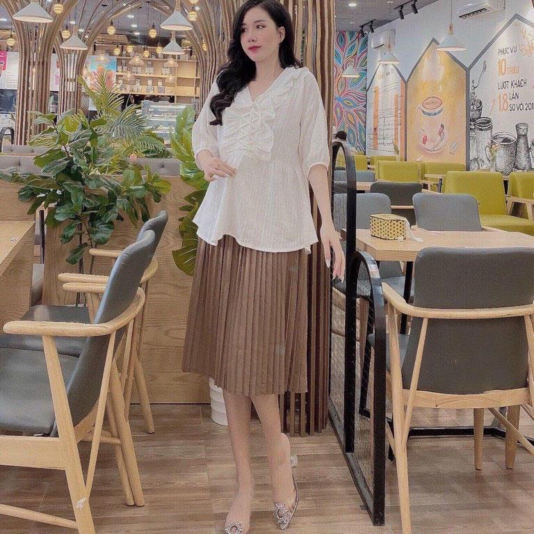 Chân Váy Bầu Xếp Ly Larosa Dáng Dài Hàng Đẹp, Vải Chéo Thái Có Đáp Bụng LAV95