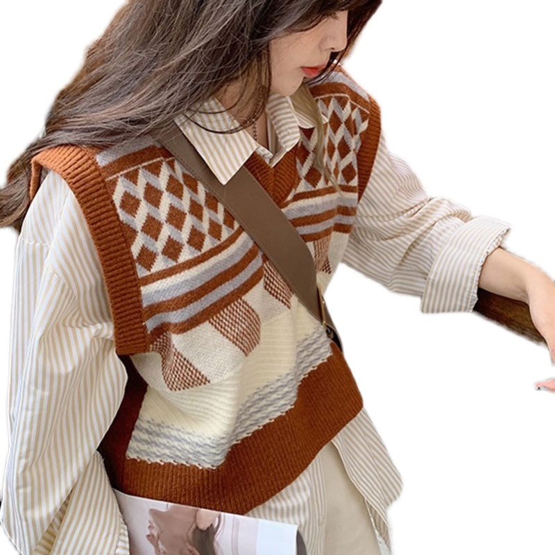 Áo Gile Nữ Áo Khoác Len Không Tay Dáng Rộng Họa Tiết Sọc Caro Thời Trang Thu Đông Aimeehouse