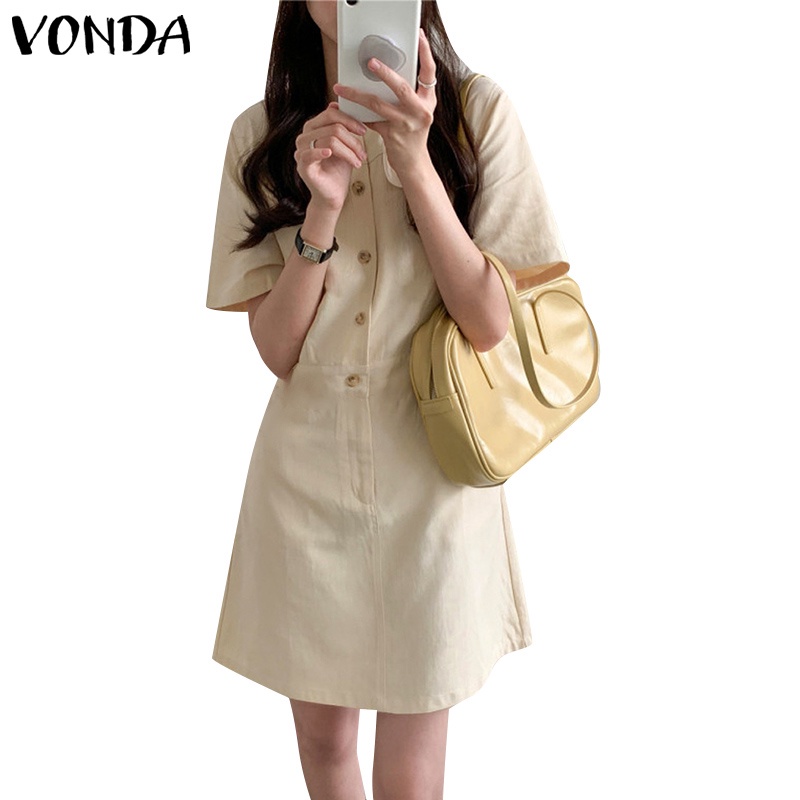 Đầm mini VONDA tay ngắn cổ tròn màu trơn cài nút bên hông phong cách Hàn Quốc thời trang cao cấp cho nữ