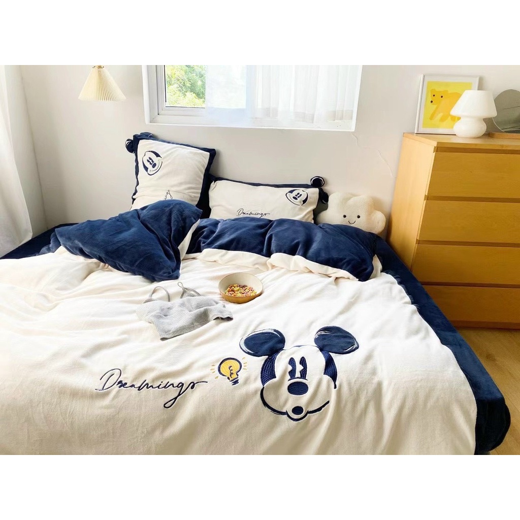 Bộ chăn ga gối nỉ nhung G01 cao cấp, họa tiết hoạt hình, dễ thương, xin xắn, phong cách Hàn Quốc