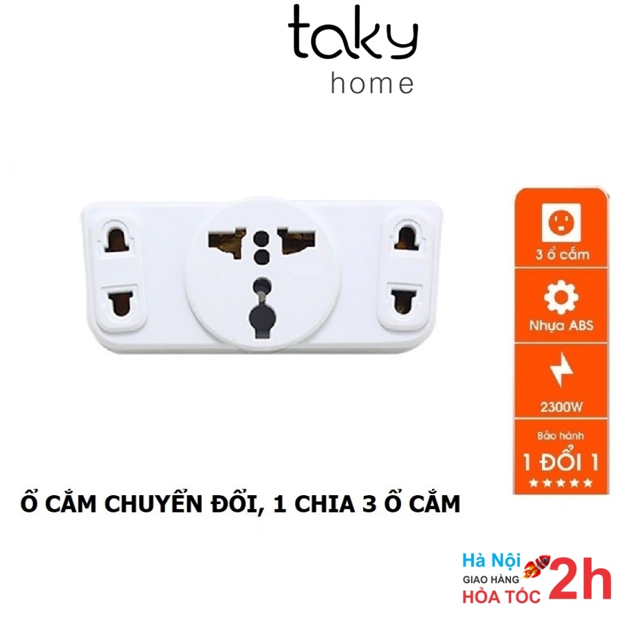 Ổ Cắm 2 Chức Năng: Phích Cắm Chia 3 Và Ổ Cắm Chuyển Đổi Từ 3 Chấu Thành 2 Thấu, 2000W, Nhựa ABS  - TakyHome 8605