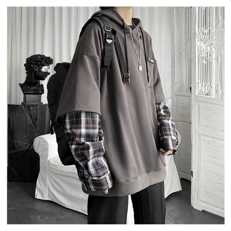 ZHELIHANGFEI Áo Hoodie Giả Hai Lớp Tay Dài Dáng Rộng Họa Tiết Kẻ Sọc Phong Cách Retro Đường Phố