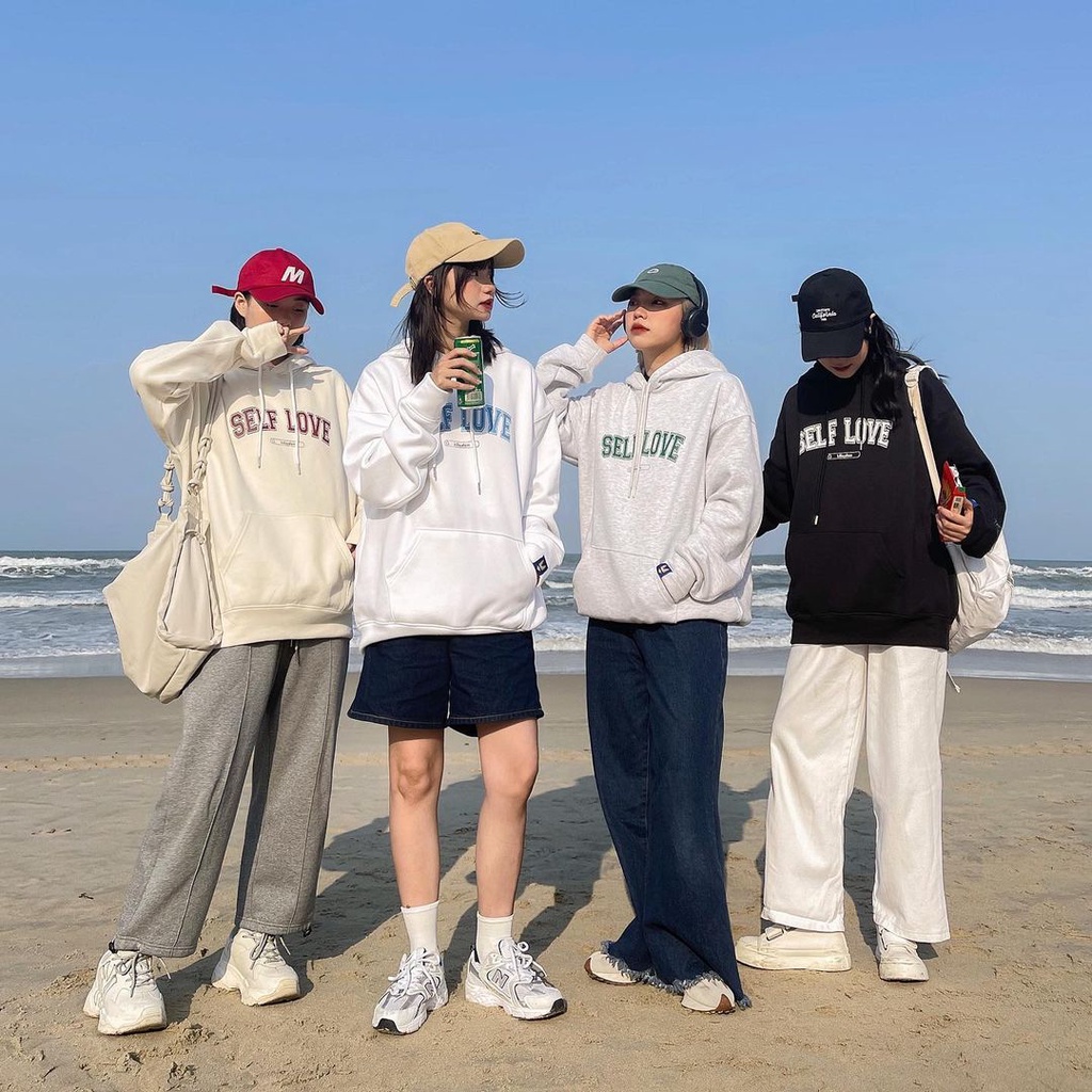 Áo khoác hoodie Kill System Self Love màu đen, trắng, kem, xám oversize có nón nam nữ phong cách unisex