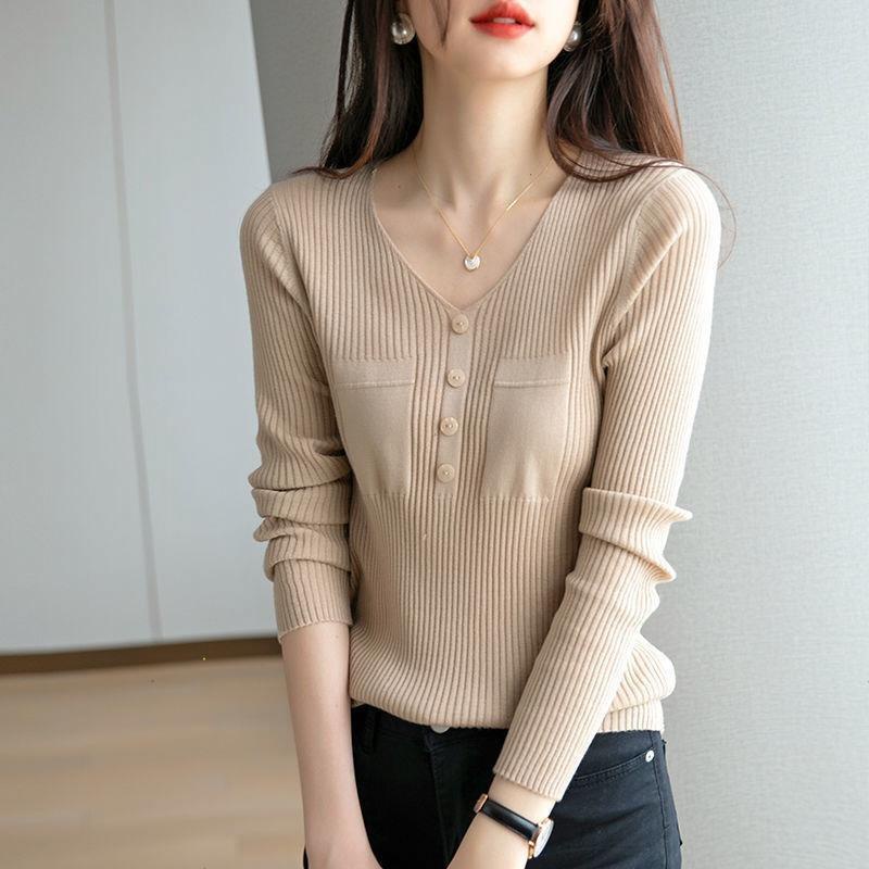 Áo Thun Dệt Kim Mỏng Tay Dài Cổ Chữ v Thời Trang Mùa Thu Cho Nữ
