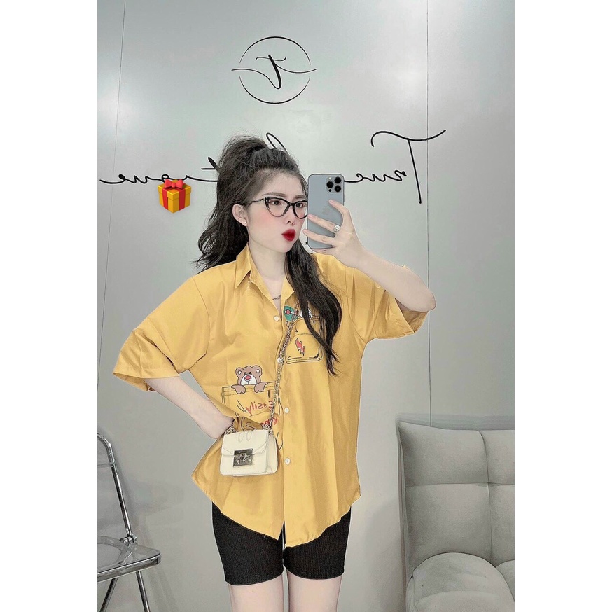 set bộ áo sơ mi tay ngắn form rộng in gấu ô vuông quần lửng