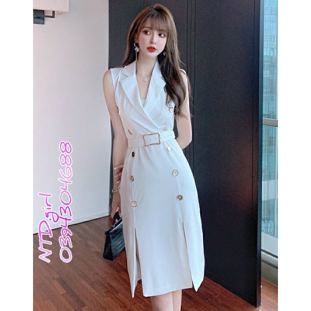Hàng nhập - Đầm dáng ôm cổ vest xô lụa trắng xẻ tà, váy body công sở không tay đính nút