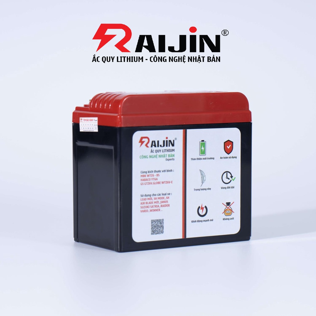 Bình ắc quy xe máy lithium RAIJIN Experts M công nghệ Nhật Bản điện áp 12v-6ah, chuyên dùng cho xe độ đèn dưới 150 Watt