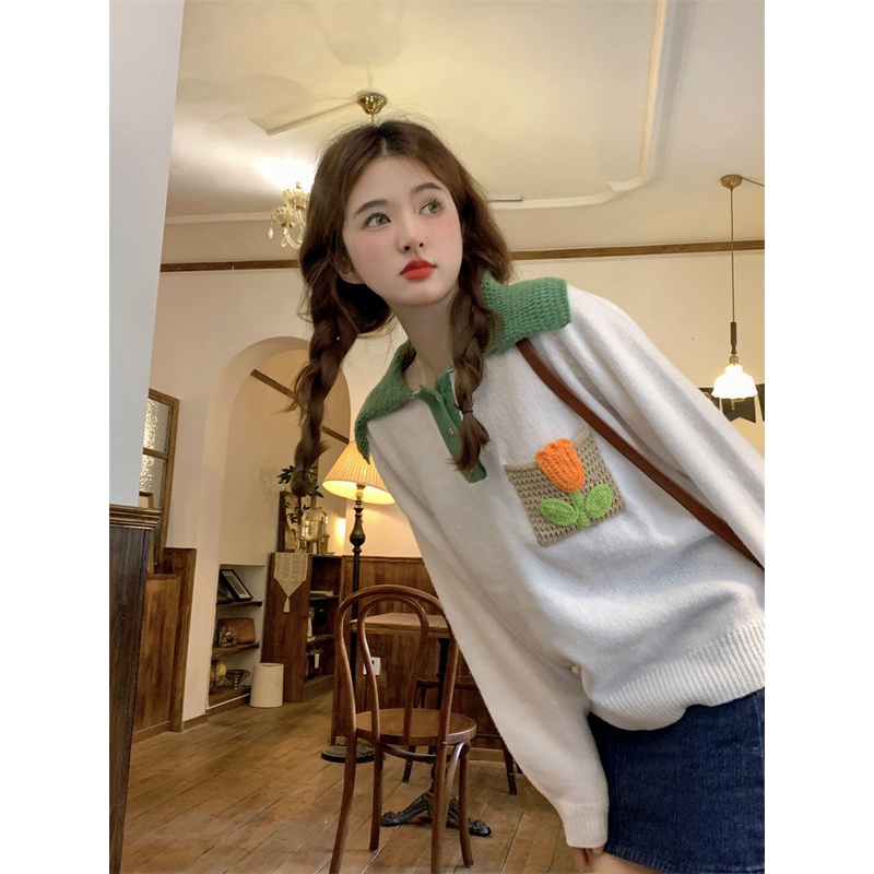 Jiashucheng Áo Sweater Tay Dài Màu Sắc Tương Phản Phong Cách Nhật Bản Thời Trang Thu Đông Cho Nữ Sinh