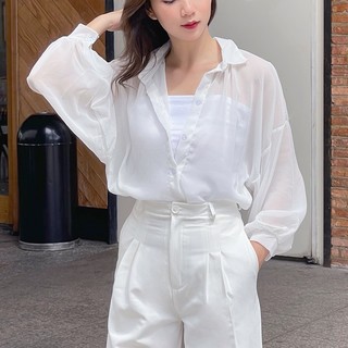 Áo sơ mi voan tặng kèm áo crop dây 2s màu đen, trắng freesize dưới 56kg phù hợp đi chơi, đi du lịch