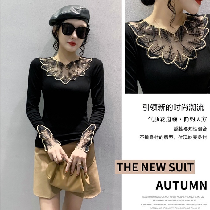 Áo Thun Lưới Tay Dài Thêu Họa Tiết Thời Trang Thu Đông Cho Nữ
