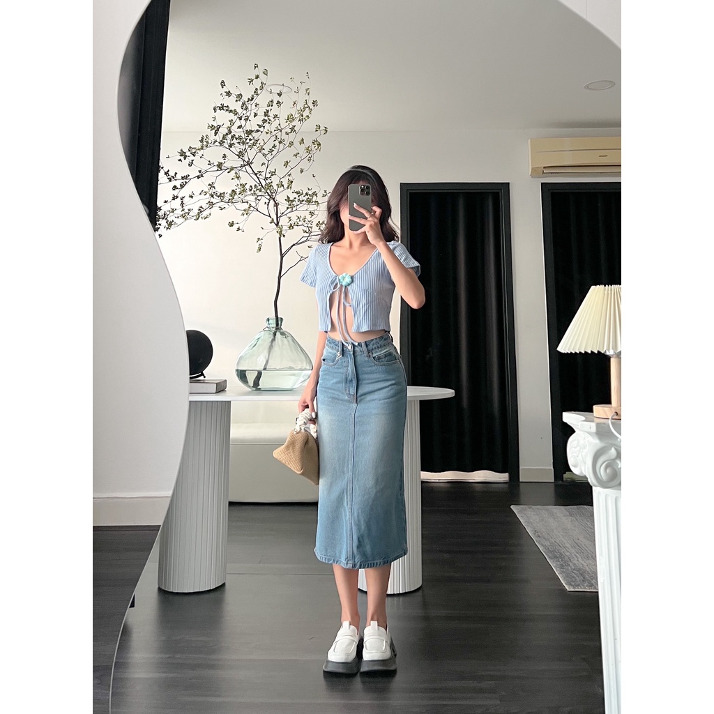 AfterBefore Chân váy denim midi xẻ nhiều màu