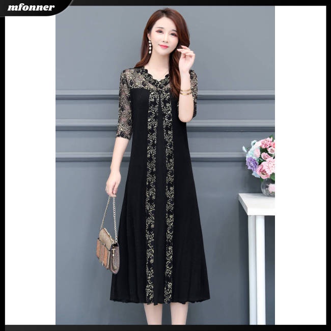 Đầm Dáng Rộng Cổ Chữ V Phối Lưới In Họa Tiết Xinh Xắn Thời Trang Cho Nữ