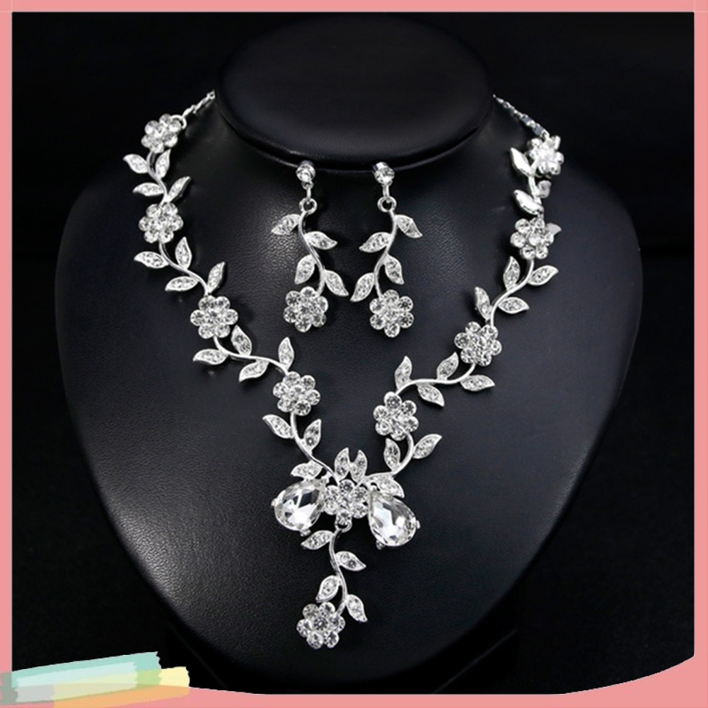 Bộ Vòng cổ + Đôi Khuyên Tai Hình Hoa Lá Đính Đá Thời Trang Cho Nữ