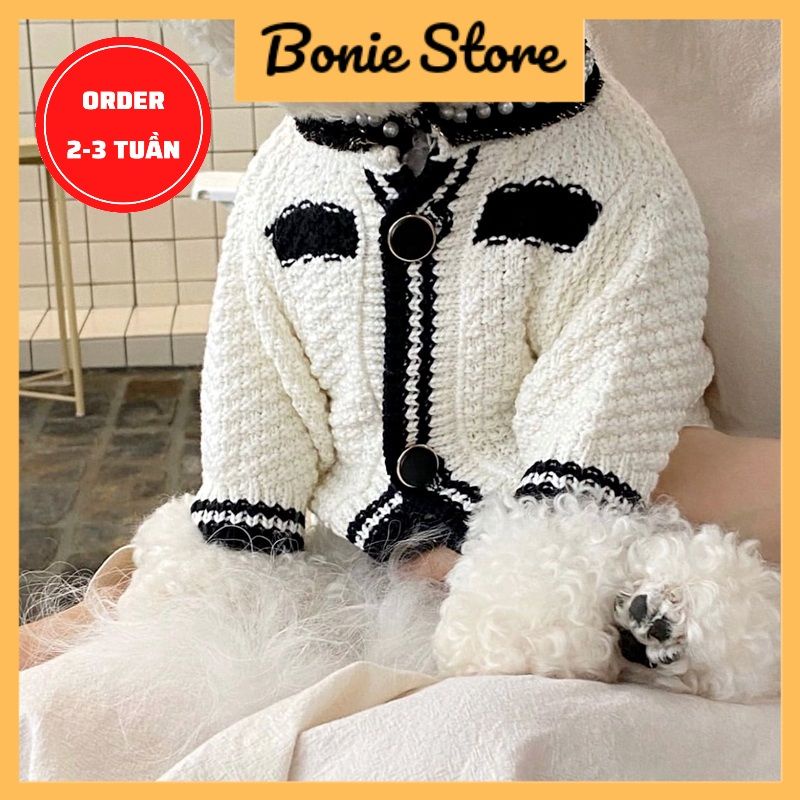 Áo Khoác Len Cardigan Chó Mèo Thú Cưng Phối Dây Ngọc Cổ Áo Sang Chảnh