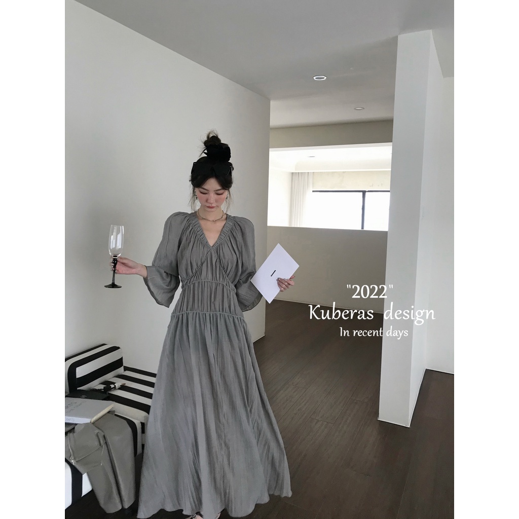 Đầm midi cổ chữ V xếp ly phong cách Pháp thanh lịch cho nữ