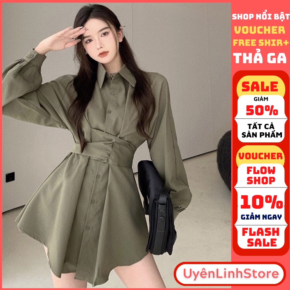 Set bộ nữ áo sơ mi fom dấu quần - Áo sơmi eo bó cách điệu form dài mix quần short