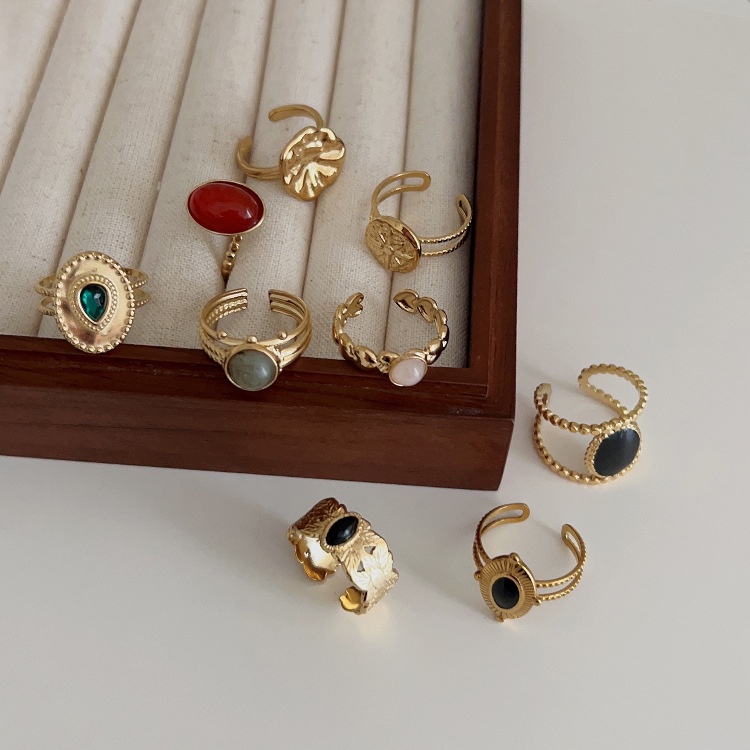 Nhẫn Hở Bằng Thép Titan Đính Đá Opal Phong Cách Retro