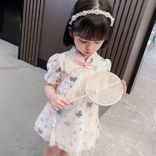 Đầm Sườn Xám Tay Ngắn Phối Ren Lưới Thời Trang Mùa Hè Xinh Xắn Cho Bé Gái