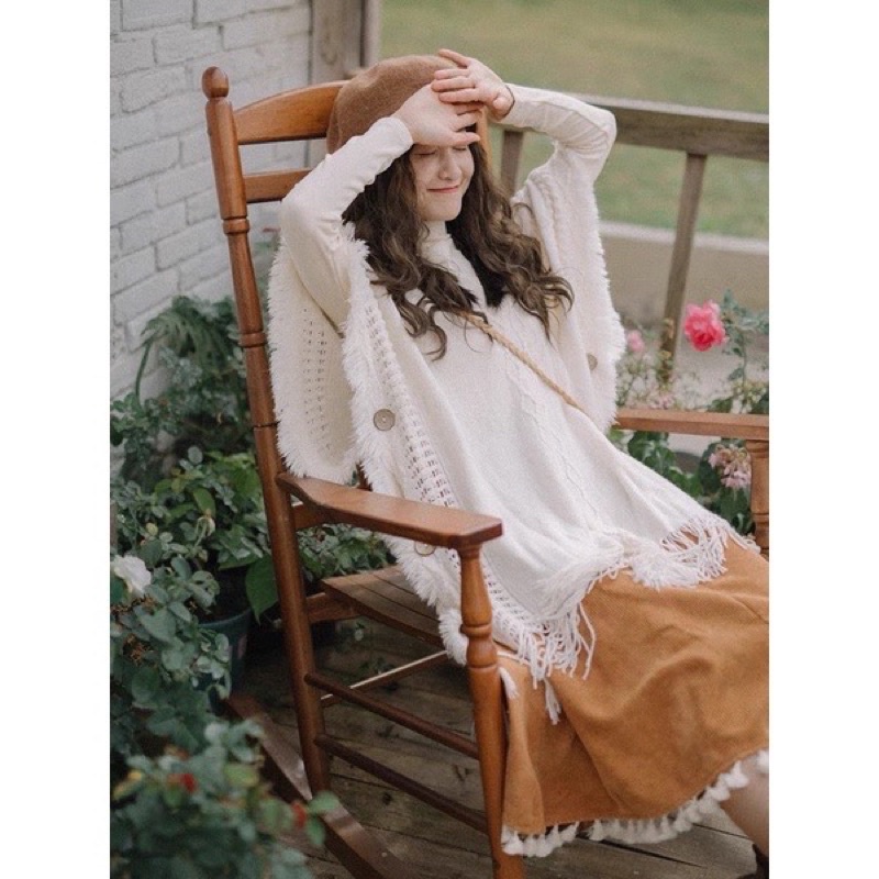 Áo len boho dáng rộng tua rua mùa thu đông cho nữ có mũ phong cách bohemian - Mã AC025