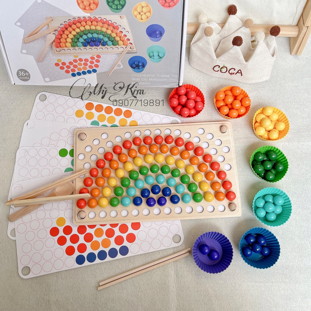 Đồ Chơi Montessori - Xếp Hạt Cầu Vòng, Luyện Kĩ Năng Xúc Bằng Thìa, Gắp Bằng Kẹp, Đũa