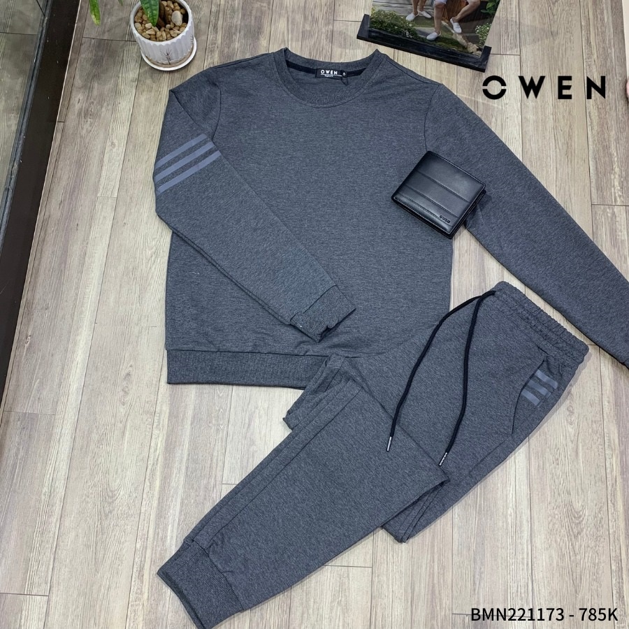 Bộ đồ mặc nhà thu đông nam OWEN BMN221173 vải cvc spandex màu xám đậm dáng suông áo dài tay cổ tròn quần cạp chun bo gấu