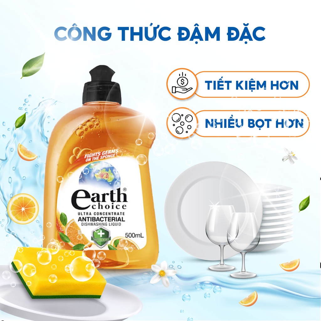 Nước Rửa Chén Đậm Đặc Kháng Khuẩn EARTH CHOICE Lấy Đi Các Vệt Dầu Mỡ Trên Bát Đĩa Chống Lại Vi Trùng Dung Tích 500ml