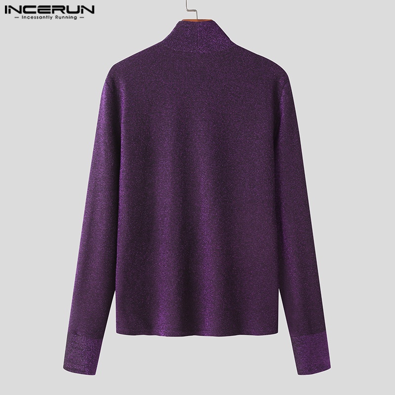 Áo thun INCERUN tay dài cổ lọc màu bạc/tím phong cách mùa thu thời trang sành điệu cho nam